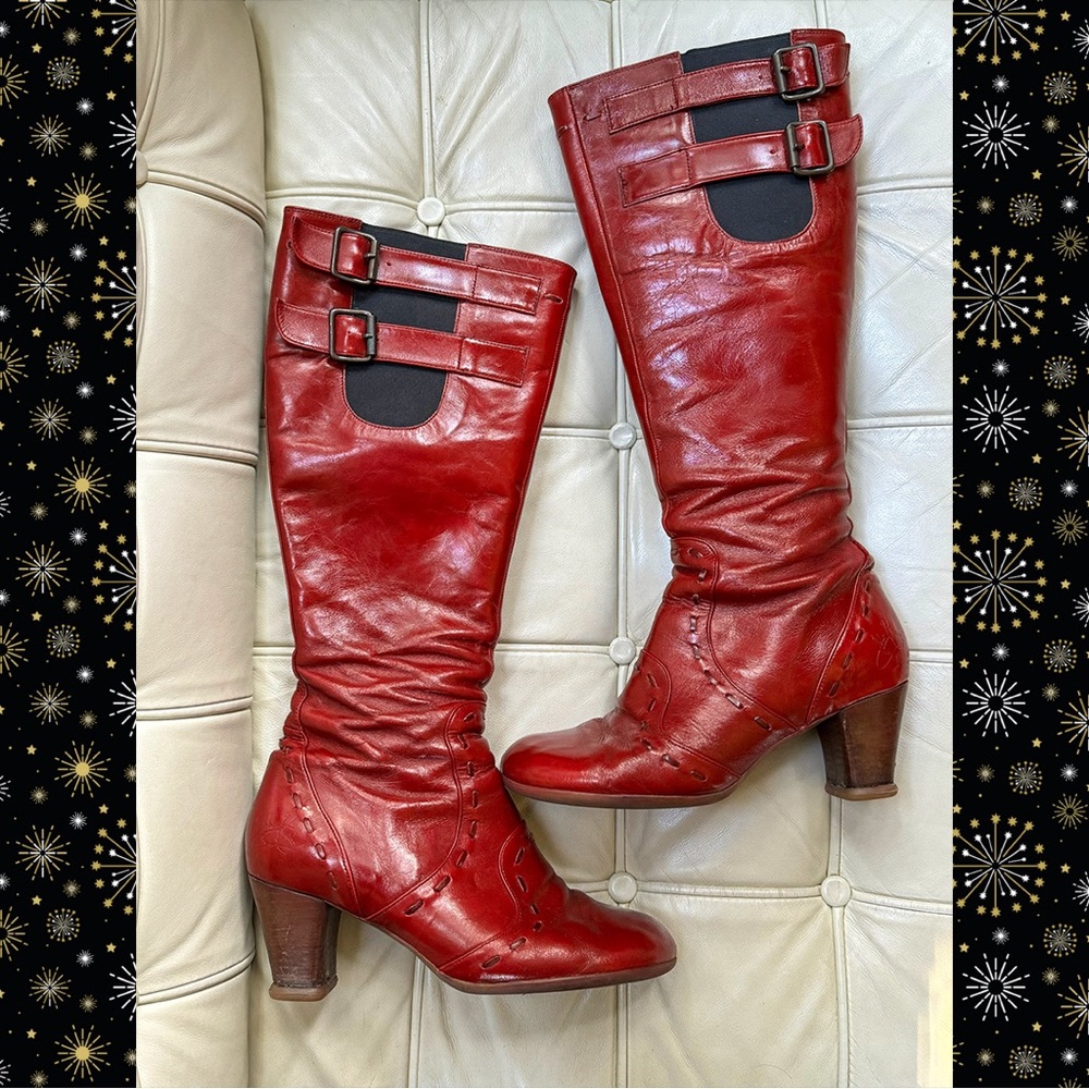 Fluevog Operetta Zinka Cherry Red Leather Boots - 10 gently used with new heels